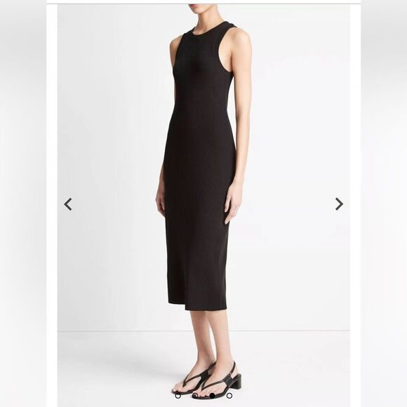 VINCE Ribbed Knit Midi Sleeveless Dress in Black Medium NWT - Picture 2 of 10